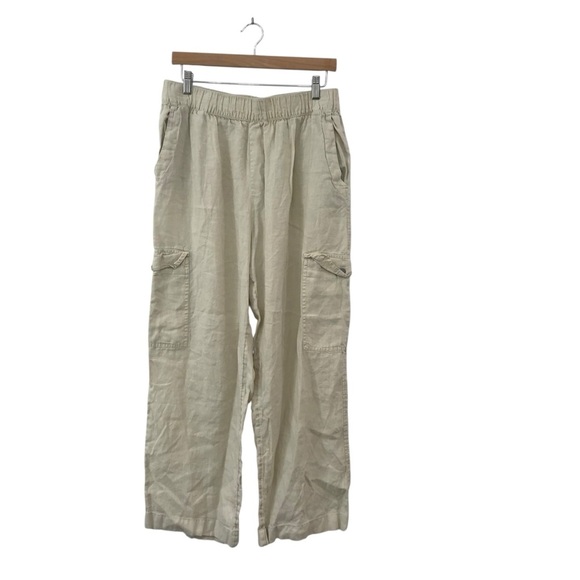 C&C California 100% Linen Pants Large Cargo Beach Wide Leg Cream Elastic Waist - Picture 1 of 4